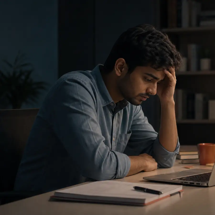 Candidate under interview pressure while preparing at a laptop