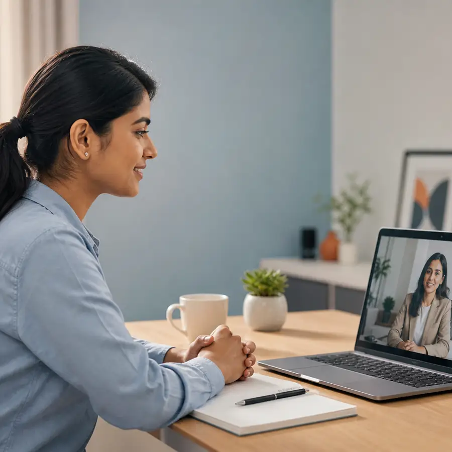 Candidate in a calm video interview practice session